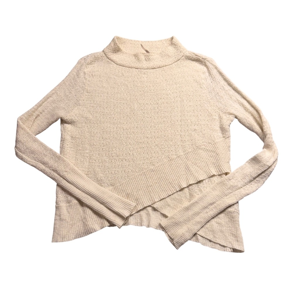 Free People Ivory Linen Blend Mock Neck Asymmetrical Crossover Sweater XS Boho